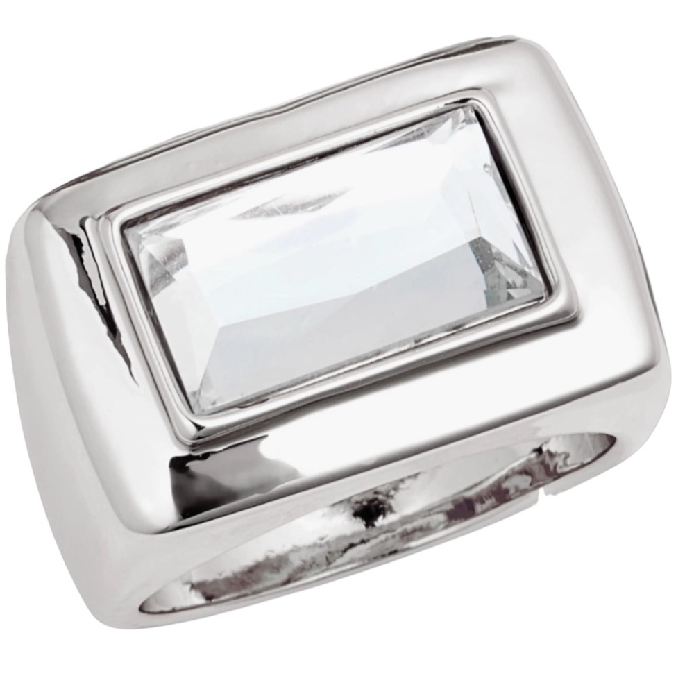 Polished Metal and Clear Glass Rodium Statement Ring